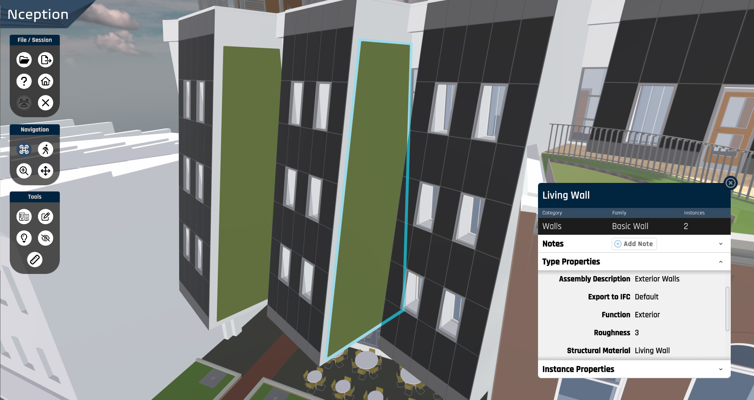 Building exterior with object information displayed.